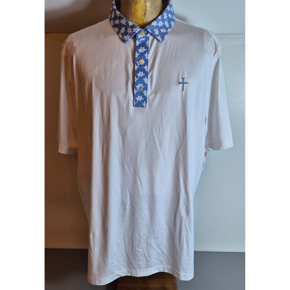 Tees Crossed Mens Polo Golf Shirt Christian White Blue Floral XL
